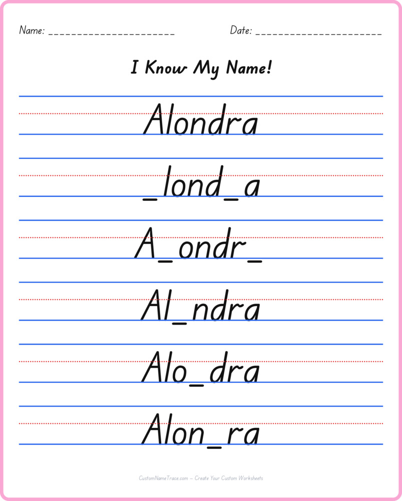 Free Alondra custom name tracing - fill-in-the-blank free worksheet