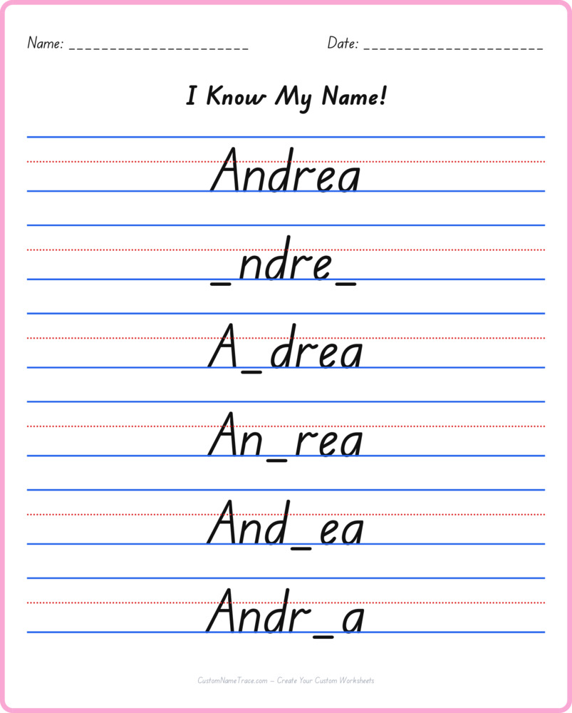 Free Andrea custom name tracing - fill-in-the-blank free worksheet
