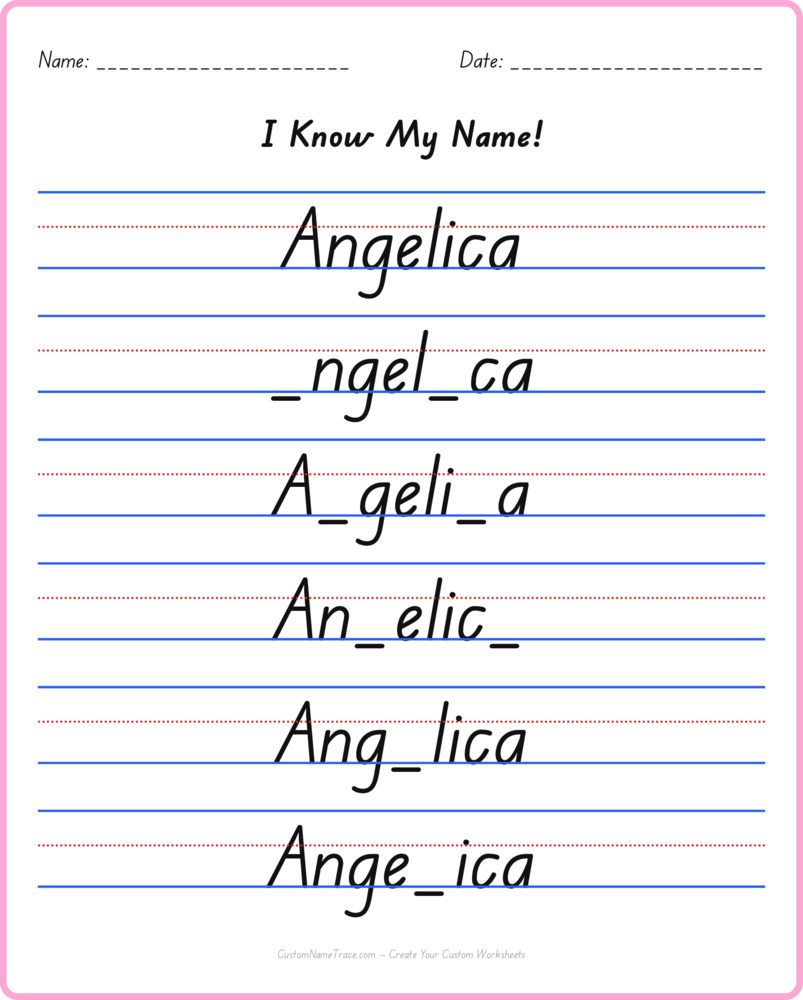 Free Angelica custom name tracing - fill-in-the-blank free worksheet