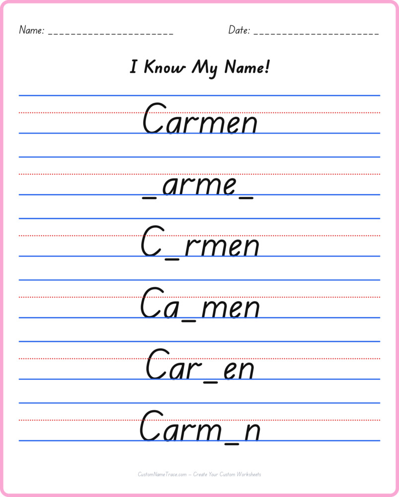 Free Carmen custom name tracing - fill-in-the-blank free worksheet