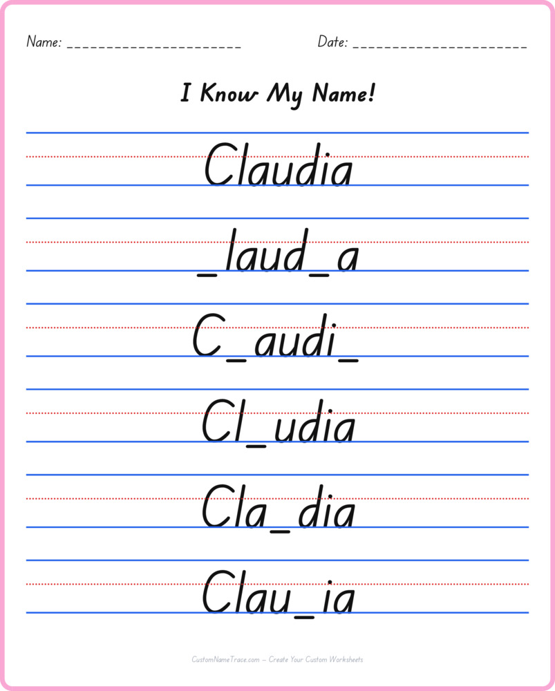 Free Claudia custom name tracing - fill-in-the-blank free worksheet