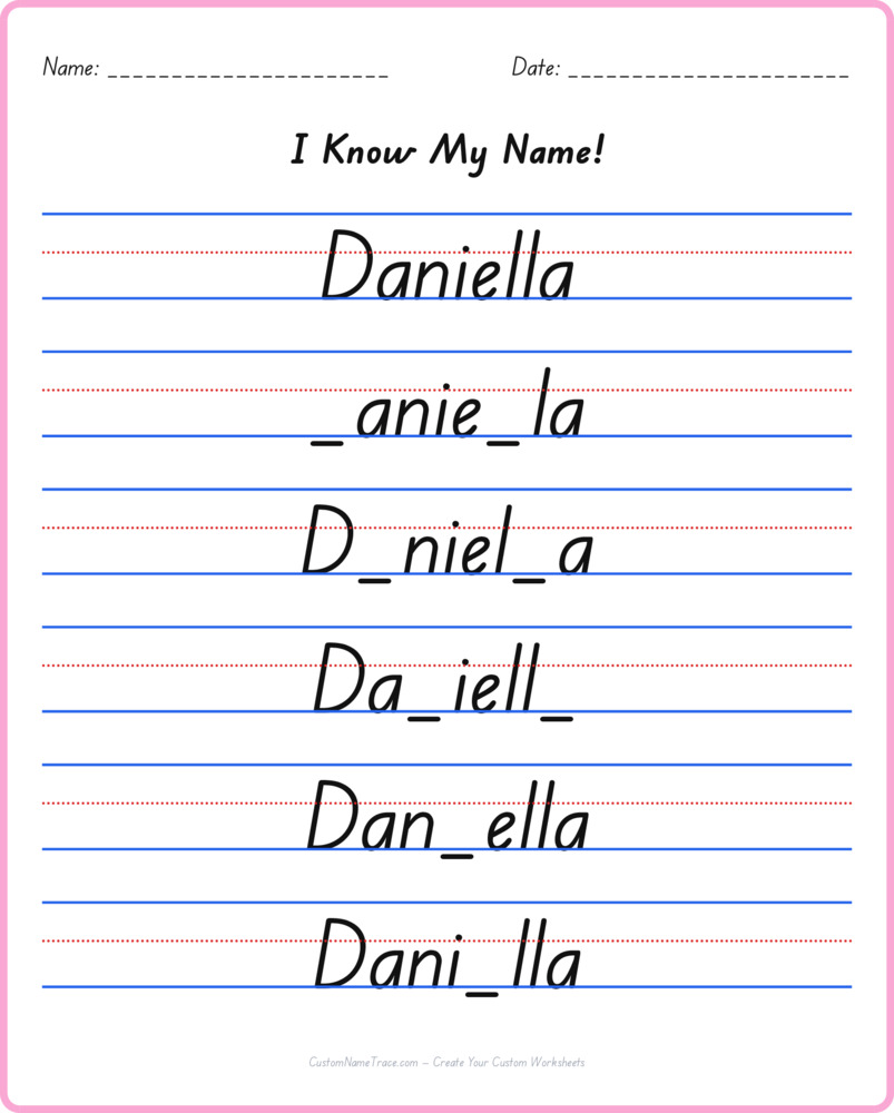 Free Daniella custom name tracing - fill-in-the-blank free worksheet