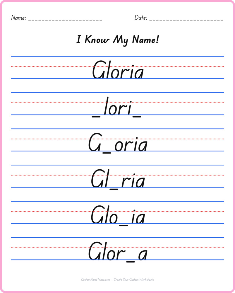 Free Gloria custom name tracing - fill-in-the-blank free worksheet