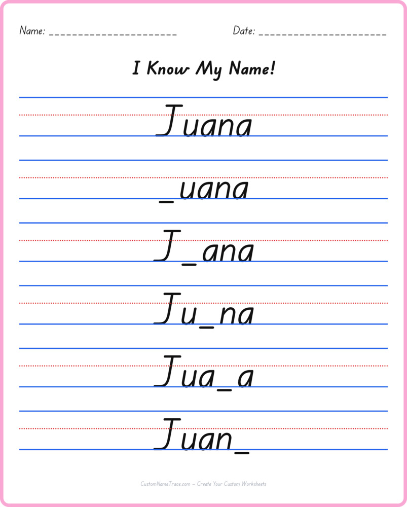 Free Juana custom name tracing - fill-in-the-blank free worksheet