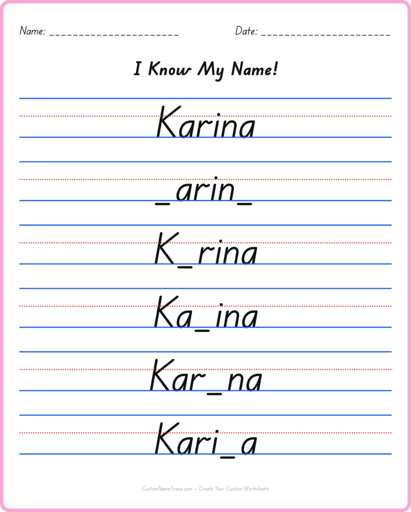 Free Karina custom name tracing - fill-in-the-blank free worksheet