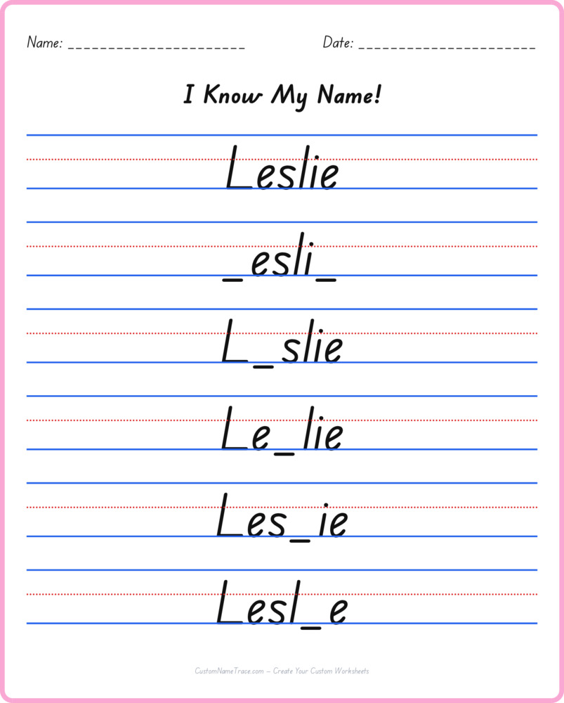 Free Leslie custom name tracing - fill-in-the-blank free worksheet