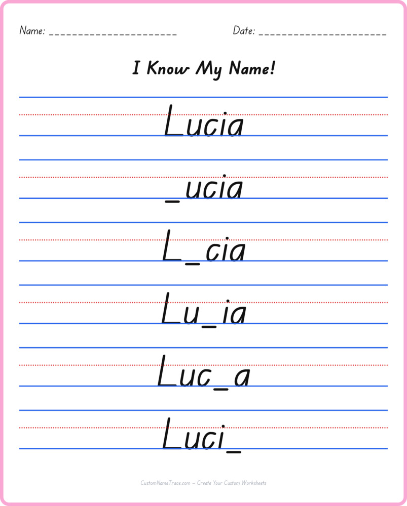 Free Lucia custom name tracing - fill-in-the-blank free worksheet