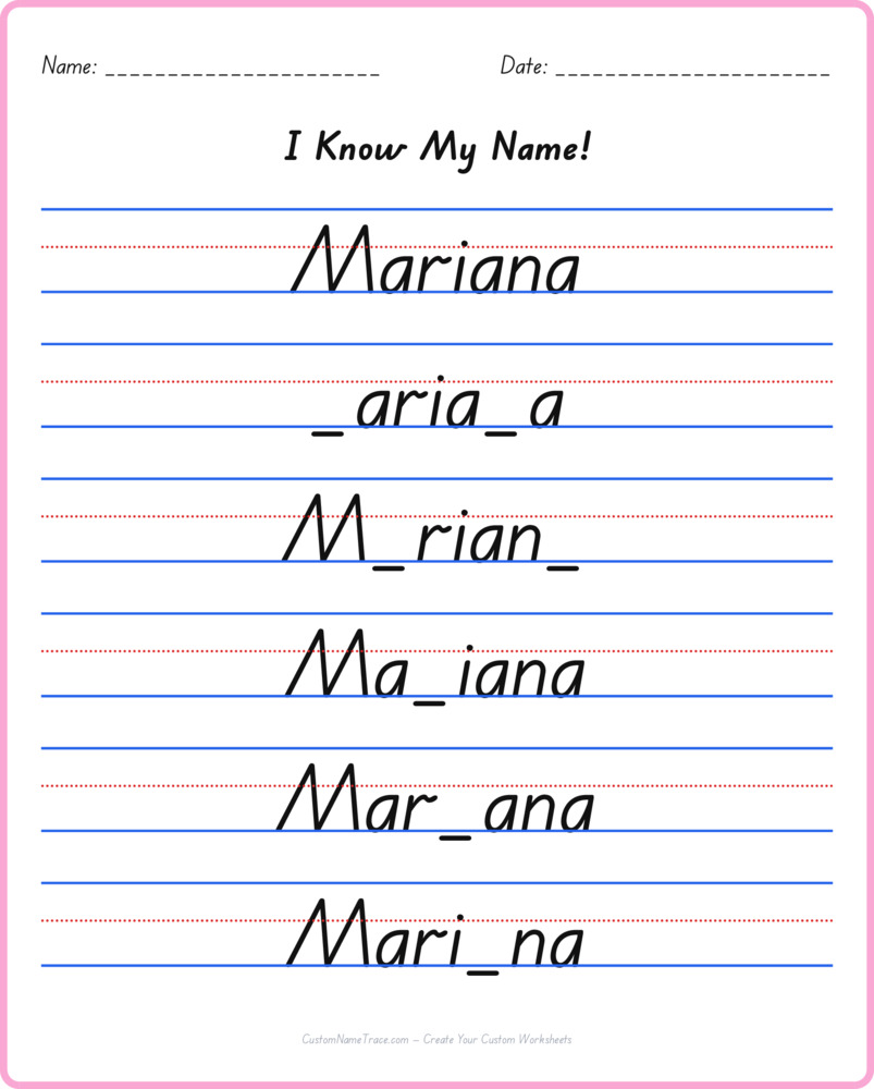 Free Mariana custom name tracing - fill-in-the-blank free worksheet