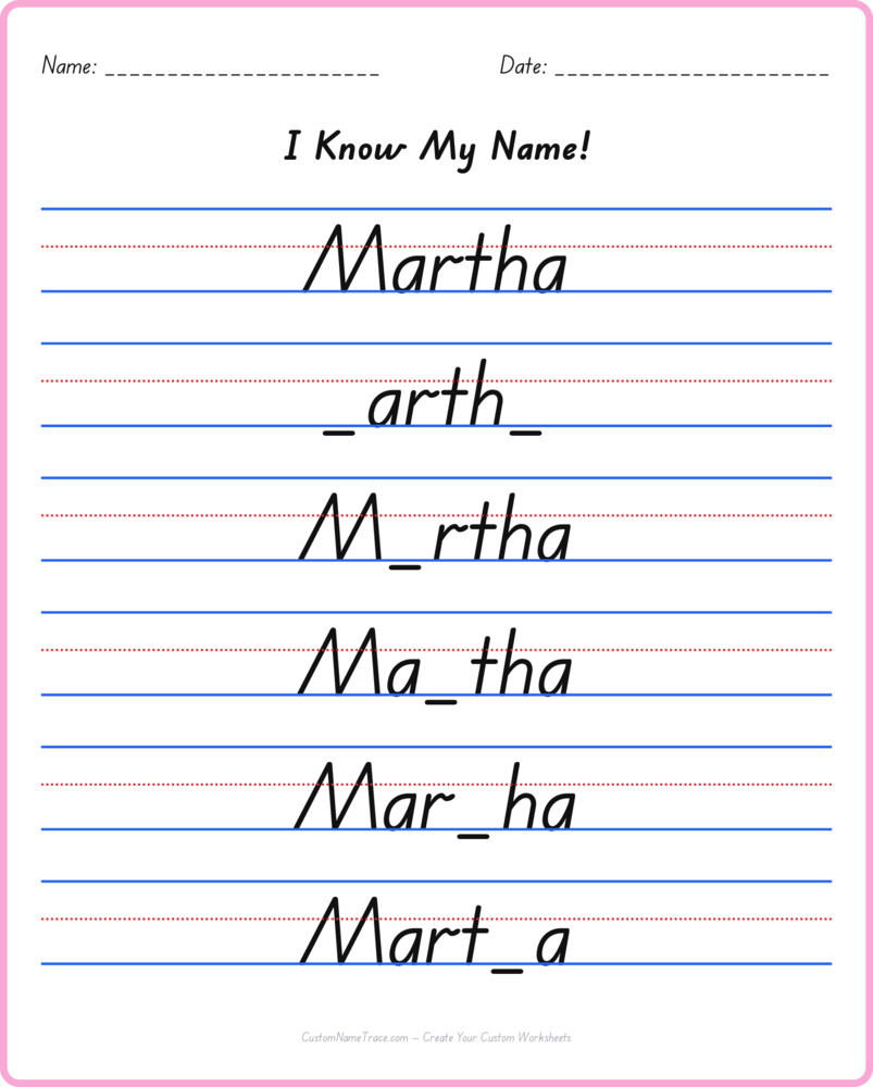 Free Martha custom name tracing - fill-in-the-blank free worksheet