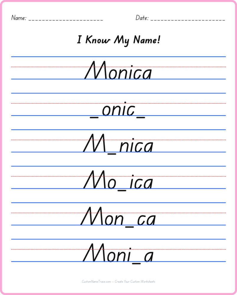 Free Monica custom name tracing - fill-in-the-blank free worksheet