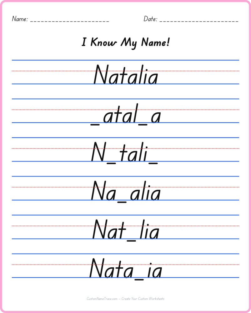 Free Natalia custom name tracing - fill-in-the-blank free worksheet