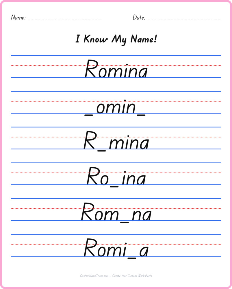 Free Romina custom name tracing - fill-in-the-blank free worksheet