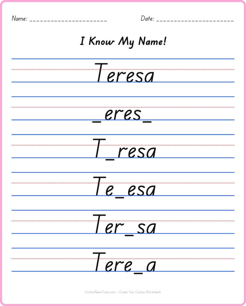 Free Teresa custom name tracing - fill-in-the-blank free worksheet