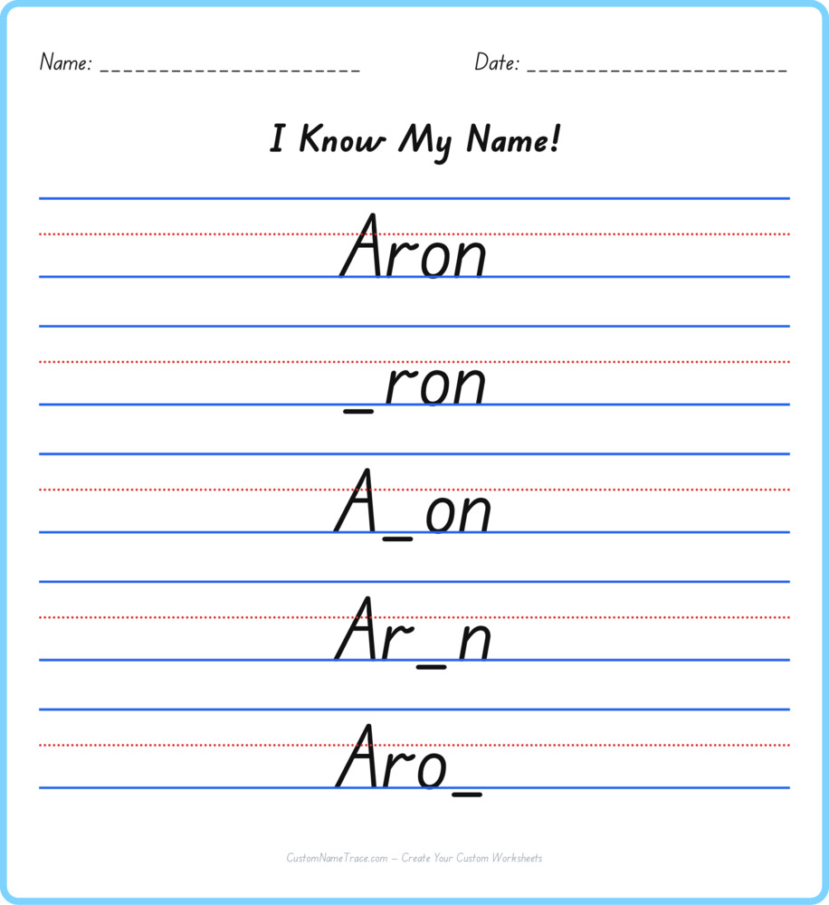 Free Aron custom name tracing - fill-in-the-blank free worksheet