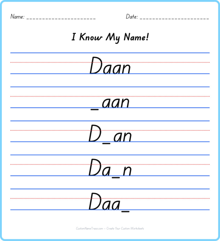 Free Daan custom name tracing - fill-in-the-blank free worksheet