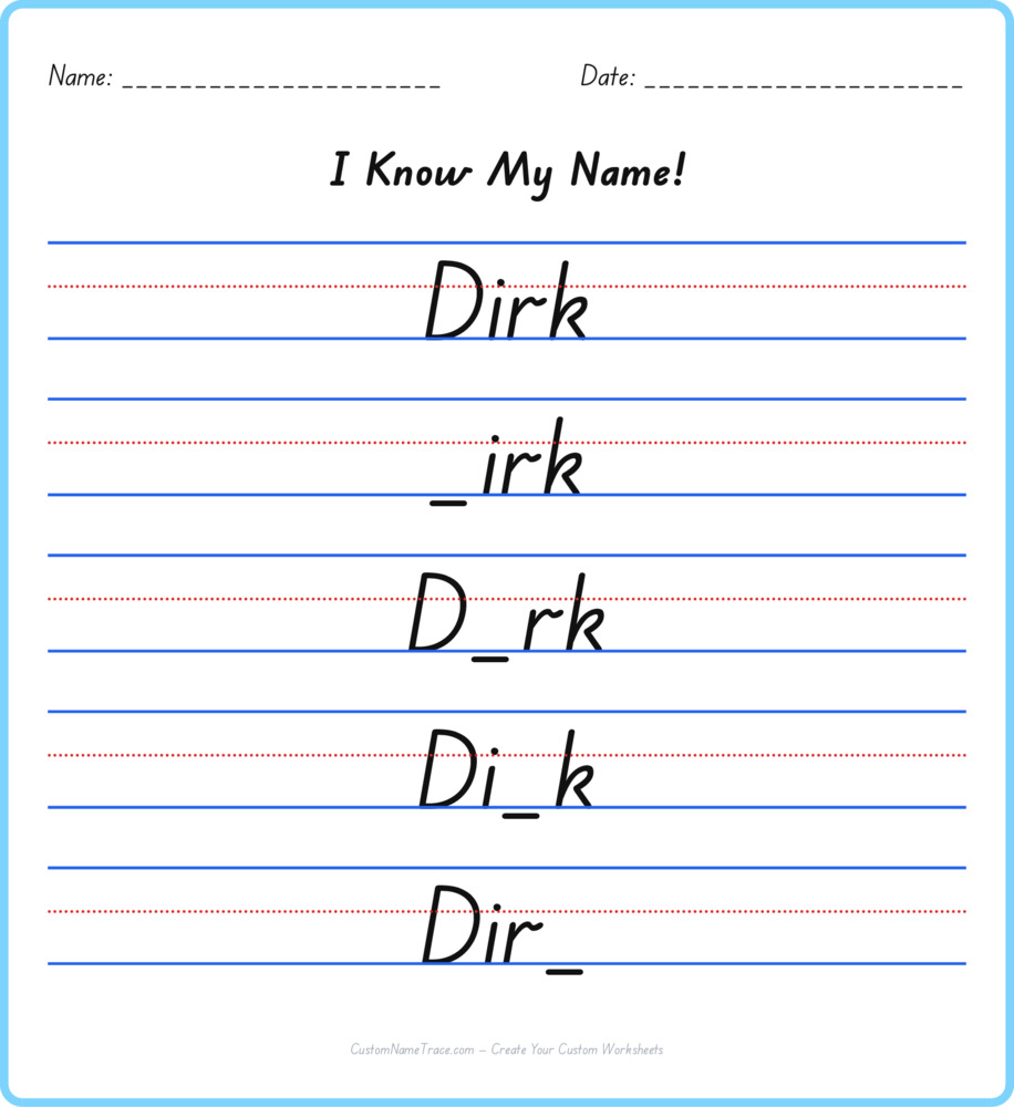 Free Dirk custom name tracing - fill-in-the-blank free worksheet