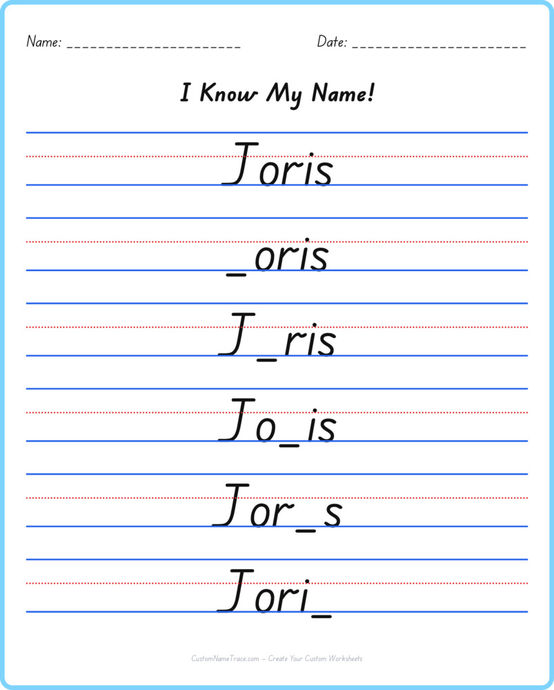 Free Joris custom name tracing - fill-in-the-blank free worksheet