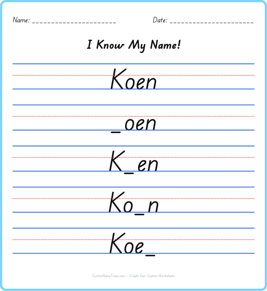 Free Koen custom name tracing - fill-in-the-blank free worksheet