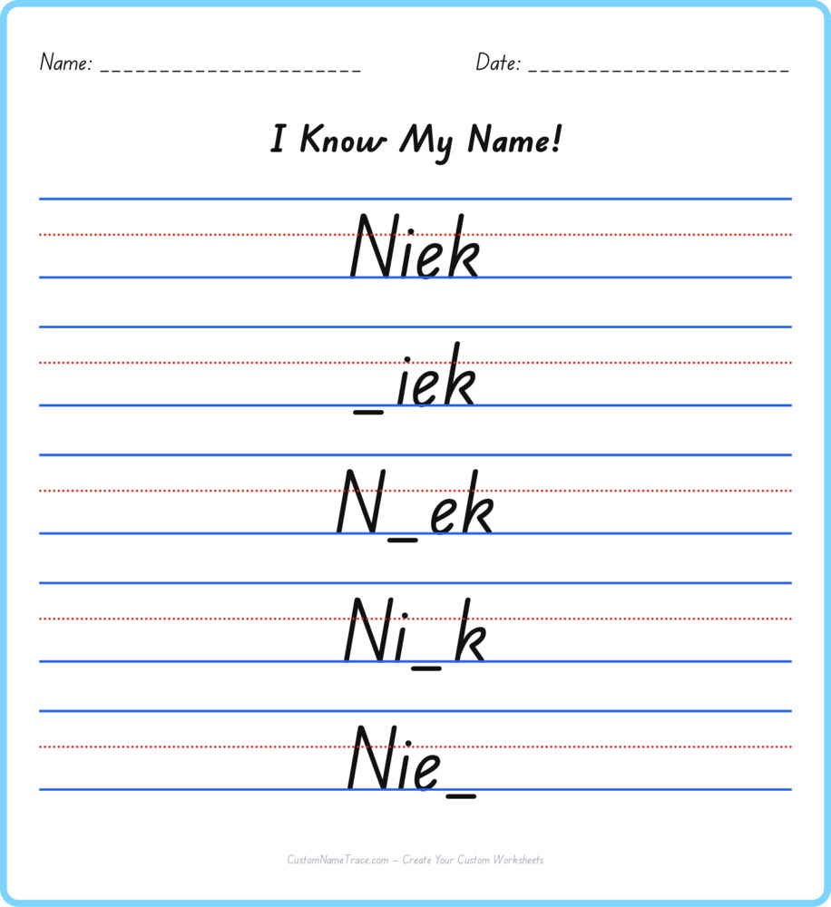 Free Niek custom name tracing - fill-in-the-blank free worksheet