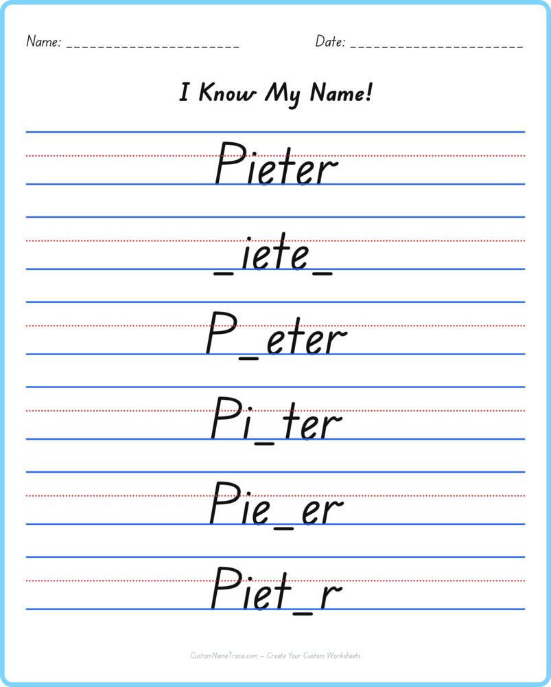 Free Pieter custom name tracing - fill-in-the-blank free worksheet