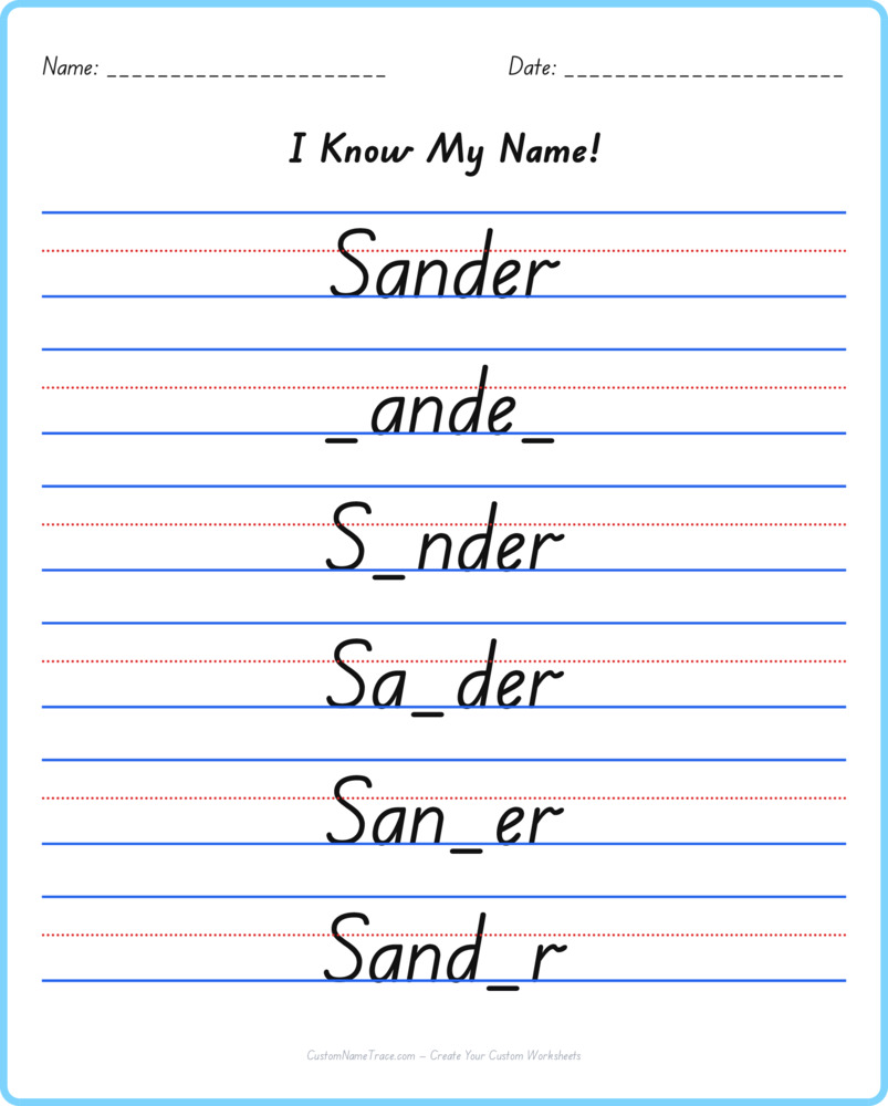 Free Sander custom name tracing - fill-in-the-blank free worksheet