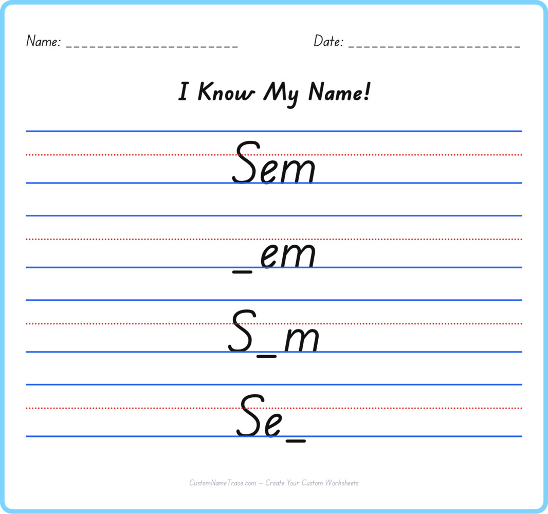 Free Sem custom name tracing - fill-in-the-blank free worksheet