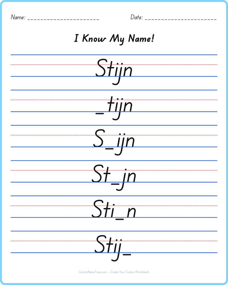 Free Stijn custom name tracing - fill-in-the-blank free worksheet