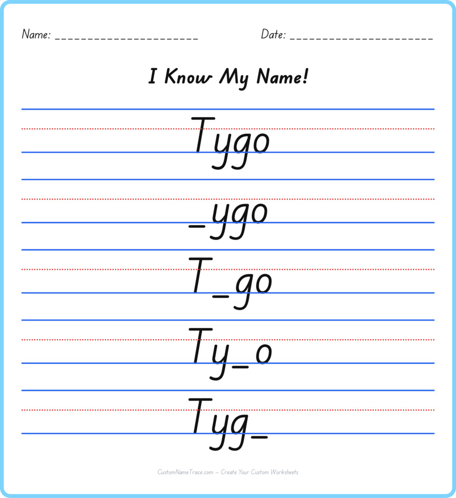 Free Tygo custom name tracing - fill-in-the-blank free worksheet