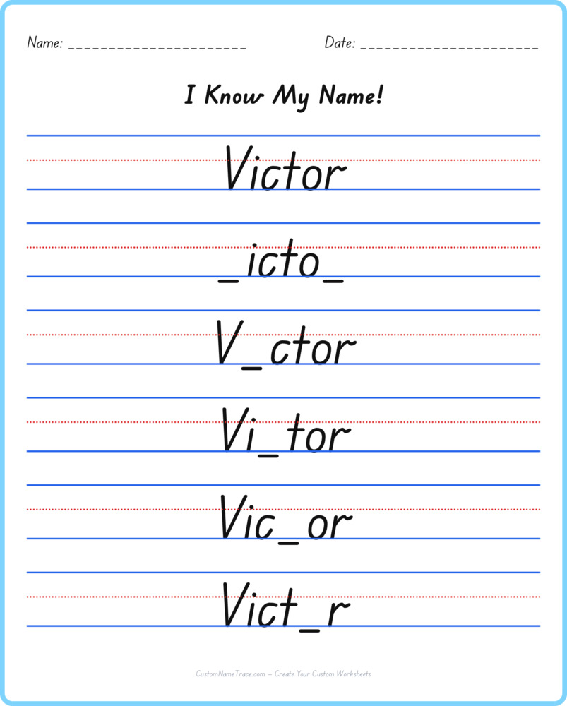 Free Victor custom name tracing - fill-in-the-blank free worksheet