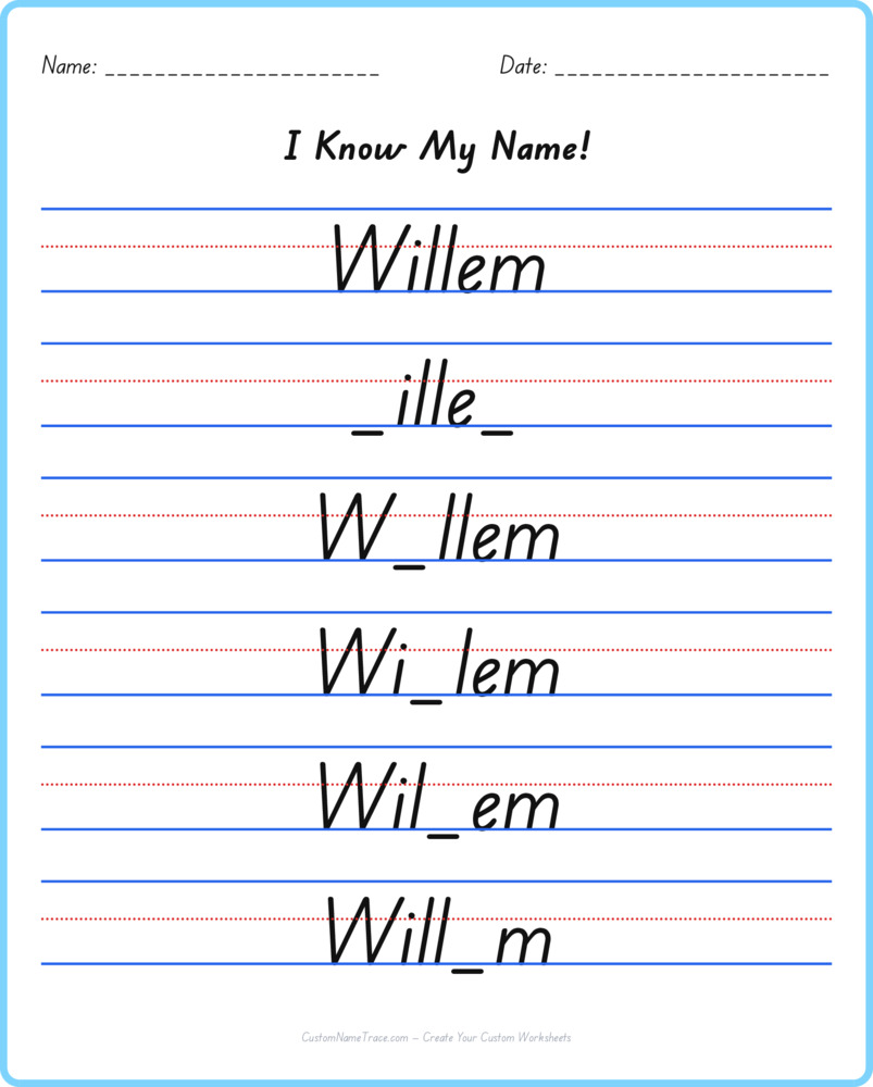 Free Willem custom name tracing - fill-in-the-blank free worksheet