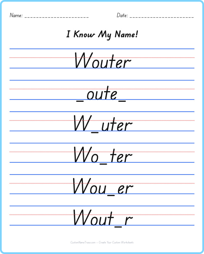 Free Wouter custom name tracing - fill-in-the-blank free worksheet