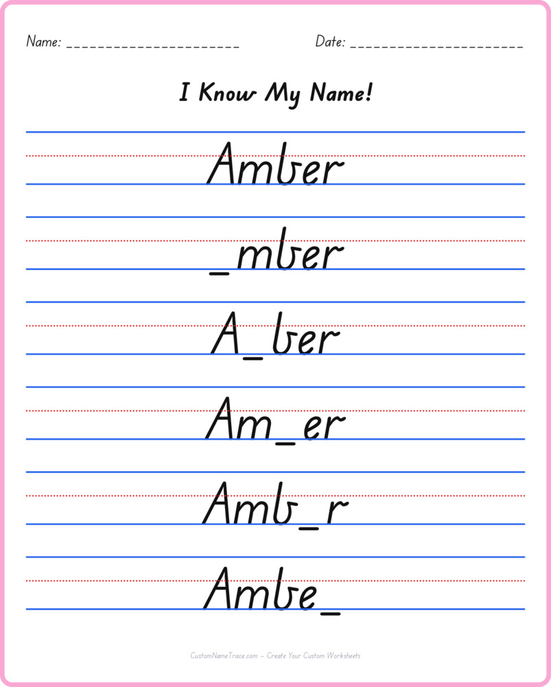 Free Amber custom name tracing - fill-in-the-blank free worksheet