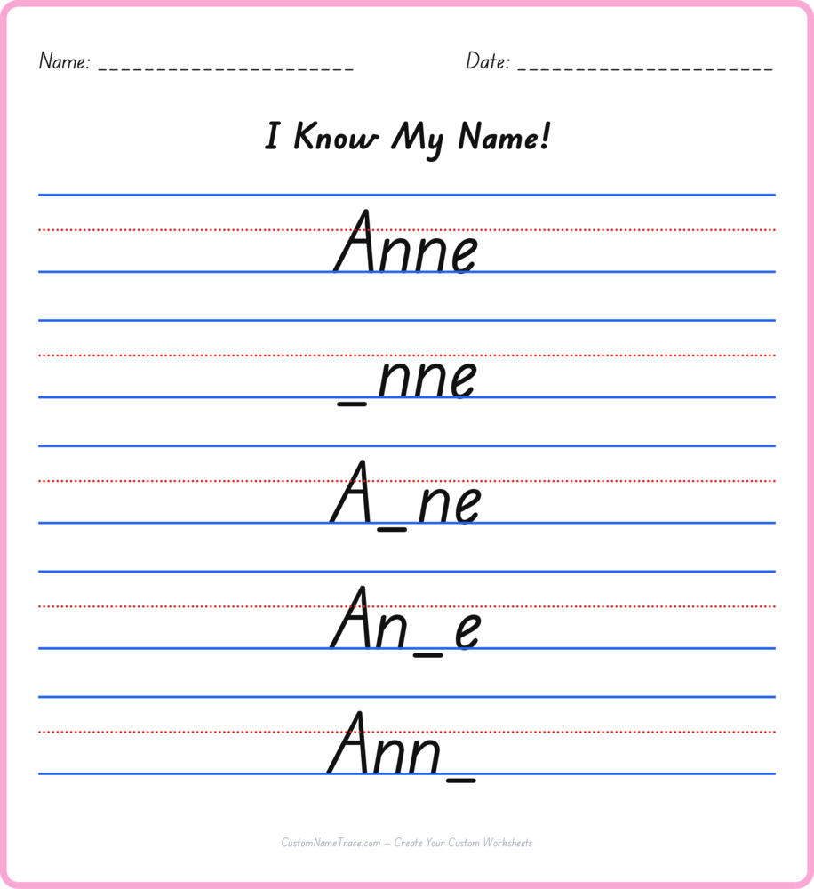 Free Anne custom name tracing - fill-in-the-blank free worksheet