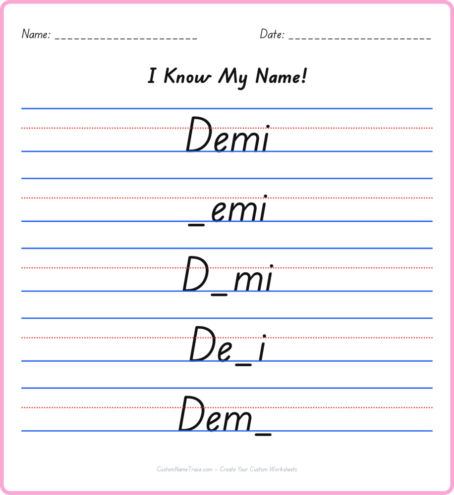 Free Demi custom name tracing - fill-in-the-blank free worksheet