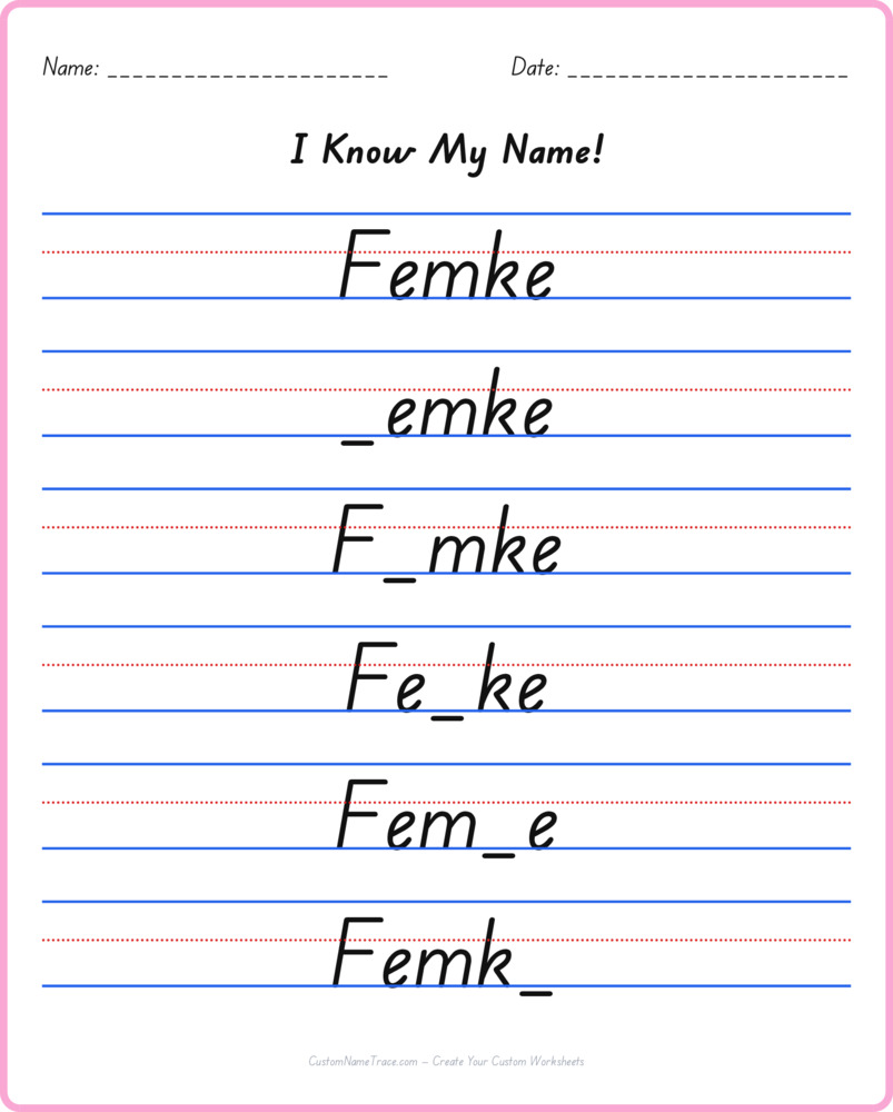 Free Femke custom name tracing - fill-in-the-blank free worksheet