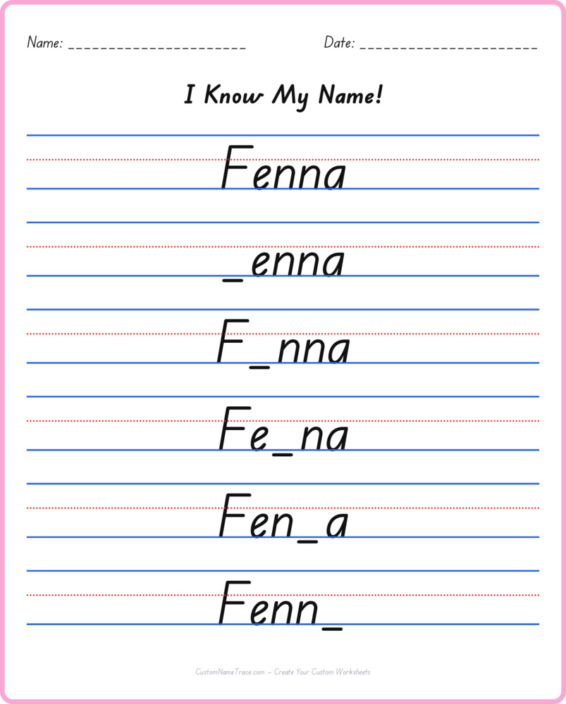 Free Fenna custom name tracing - fill-in-the-blank free worksheet