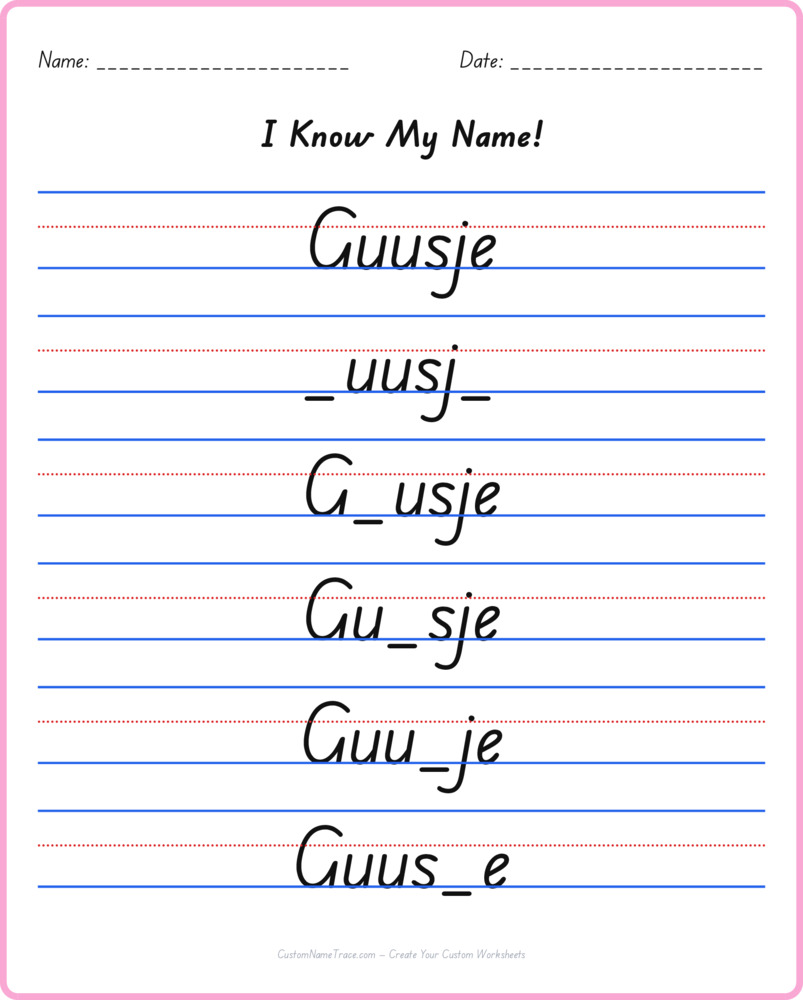 Free Guusje custom name tracing - fill-in-the-blank free worksheet