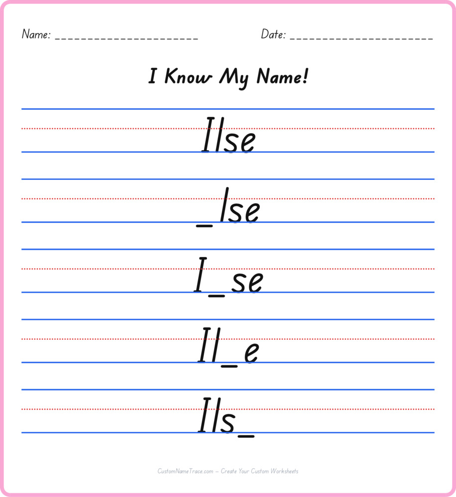 Free Ilse custom name tracing - fill-in-the-blank free worksheet