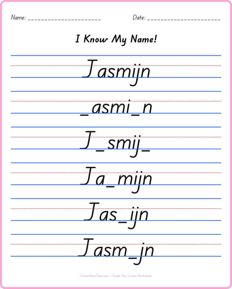 Free Jasmijn custom name tracing - fill-in-the-blank free worksheet