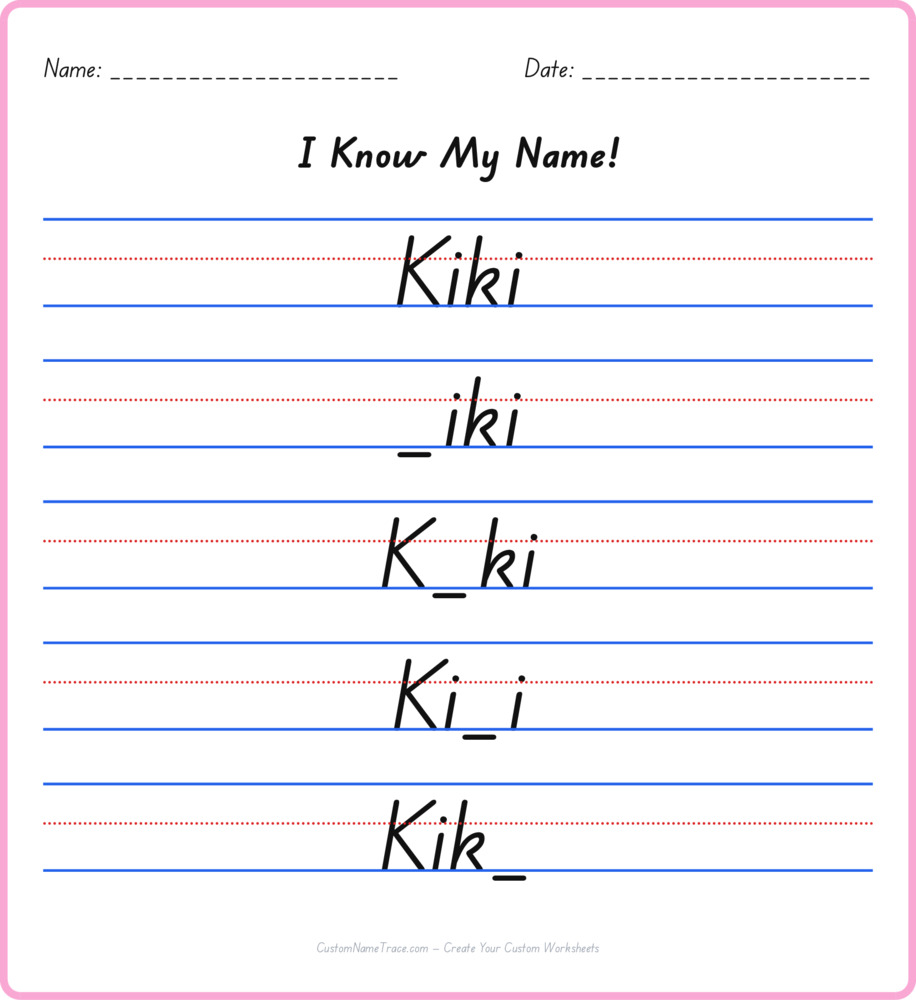 Free Kiki custom name tracing - fill-in-the-blank free worksheet