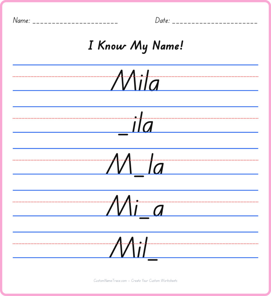 Free Mila custom name tracing - fill-in-the-blank free worksheet