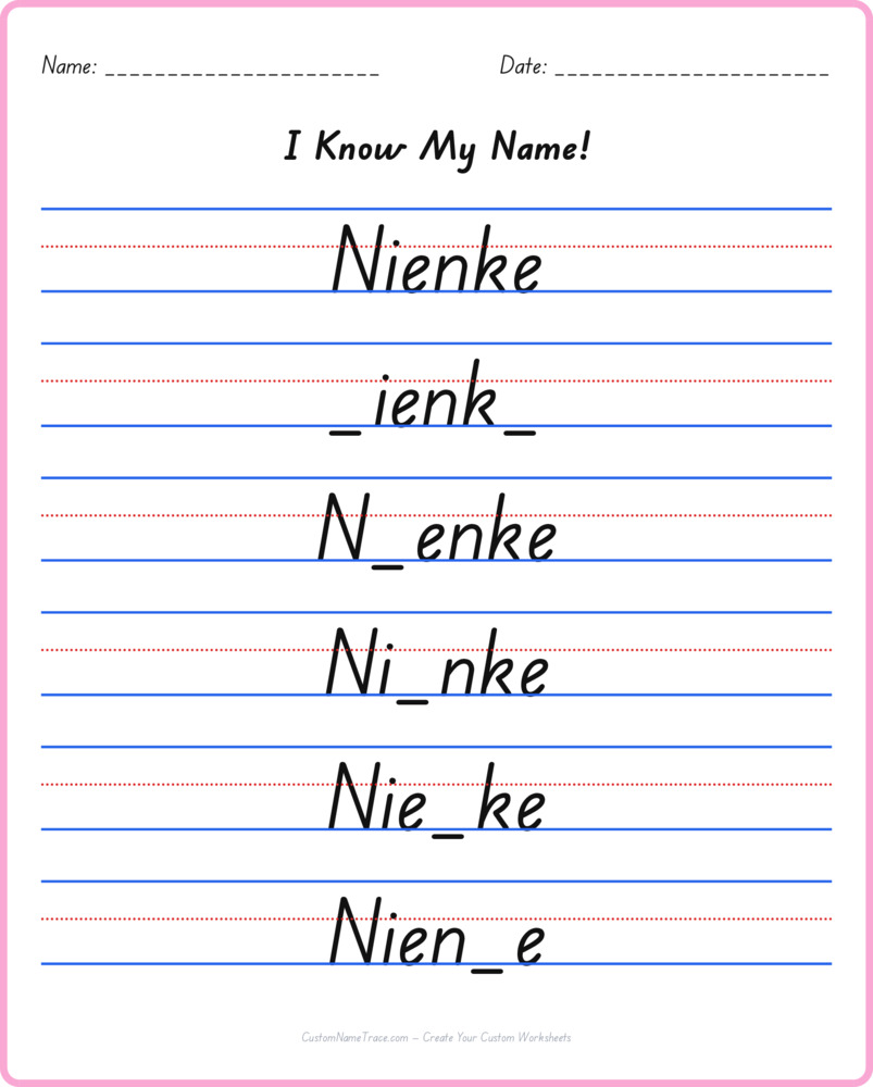 Free Nienke custom name tracing - fill-in-the-blank free worksheet