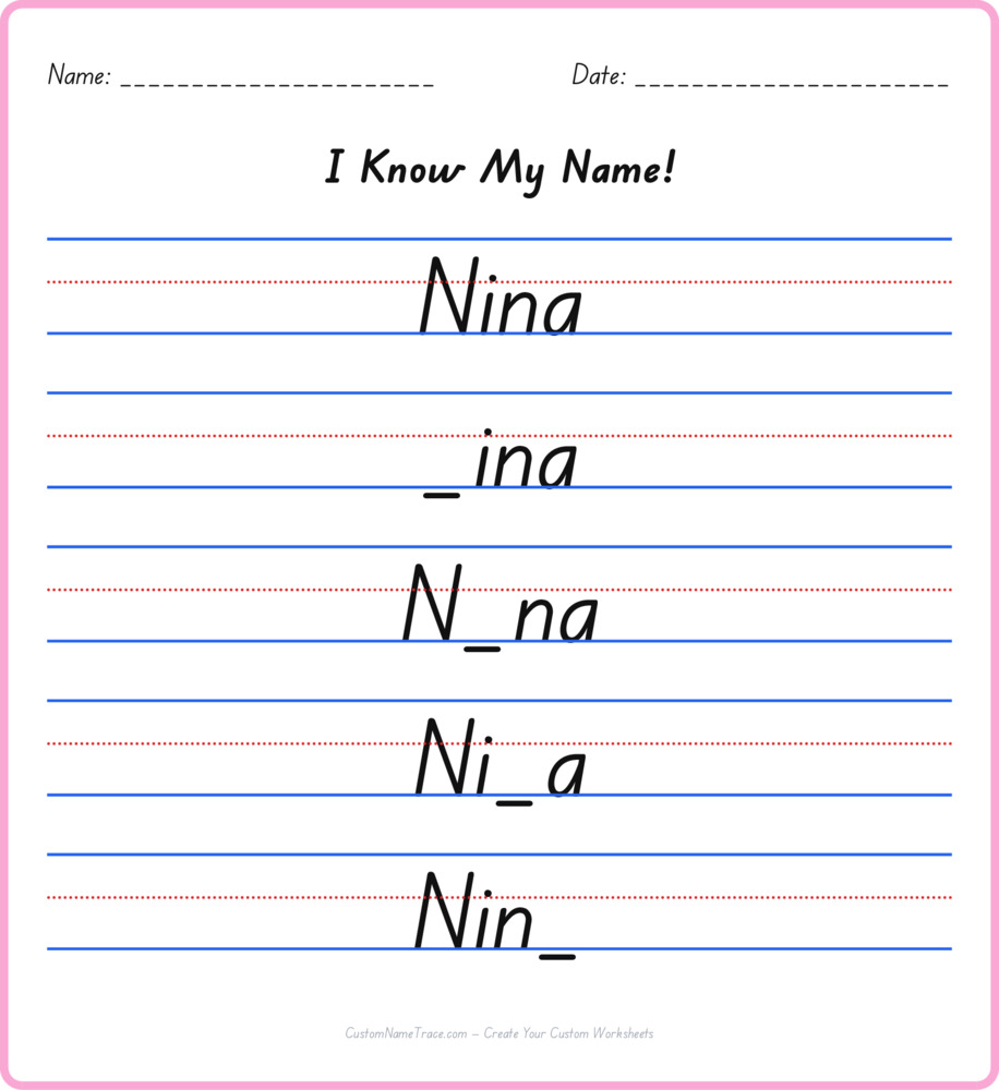 Free Nina custom name tracing - fill-in-the-blank free worksheet