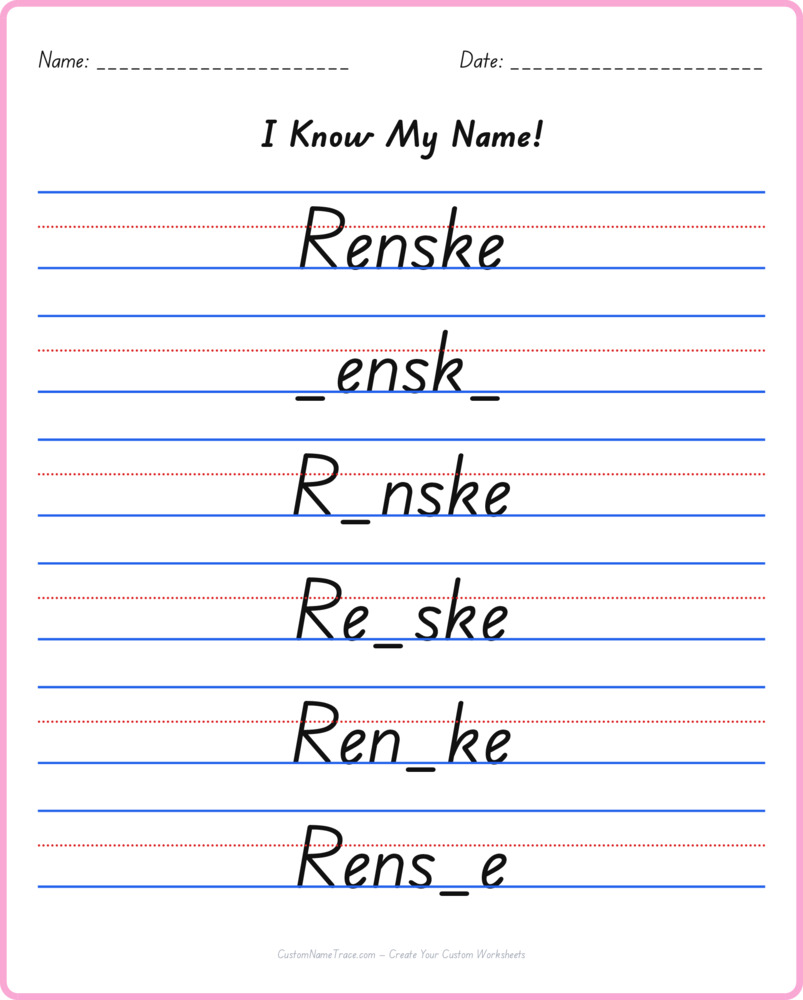 Free Renske custom name tracing - fill-in-the-blank free worksheet