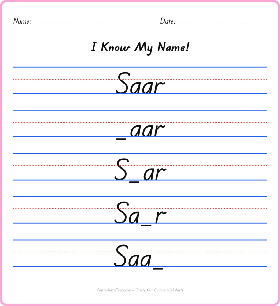 Free Saar custom name tracing - fill-in-the-blank free worksheet