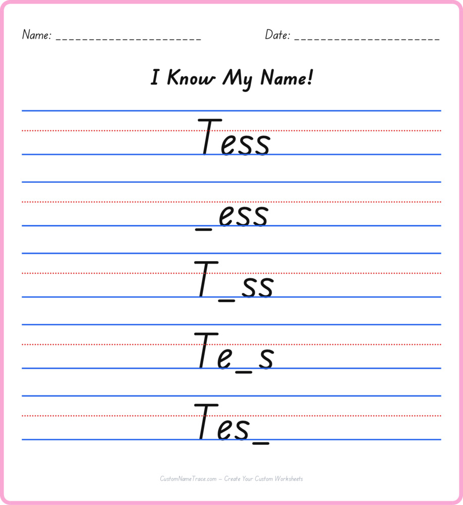 Free Tess custom name tracing - fill-in-the-blank free worksheet