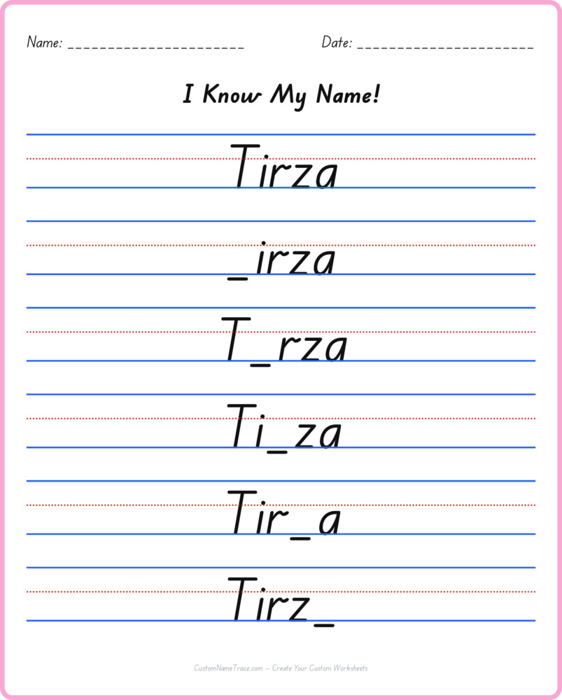 Free Tirza custom name tracing - fill-in-the-blank free worksheet
