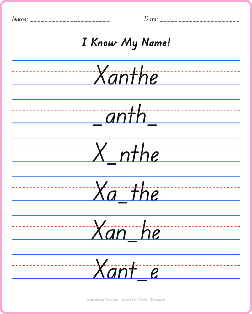 Free Xanthe custom name tracing - fill-in-the-blank free worksheet