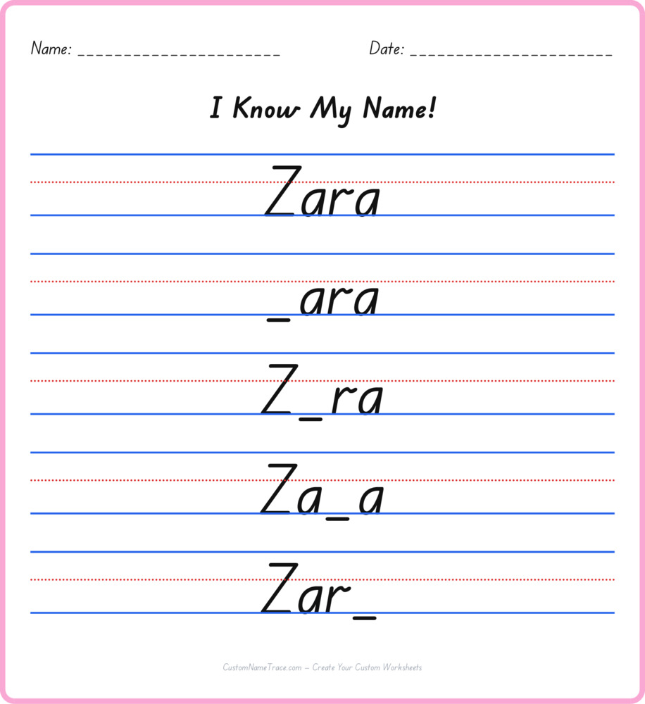 Free Zara custom name tracing - fill-in-the-blank free worksheet