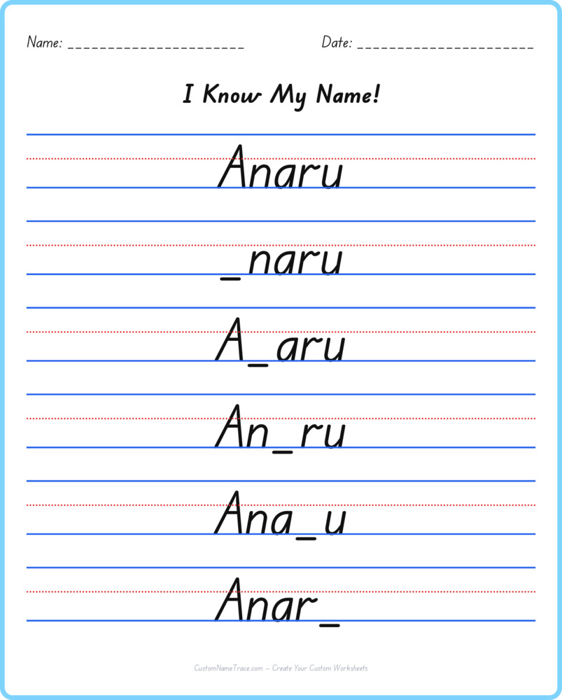 Free Anaru custom name tracing - fill-in-the-blank free worksheet